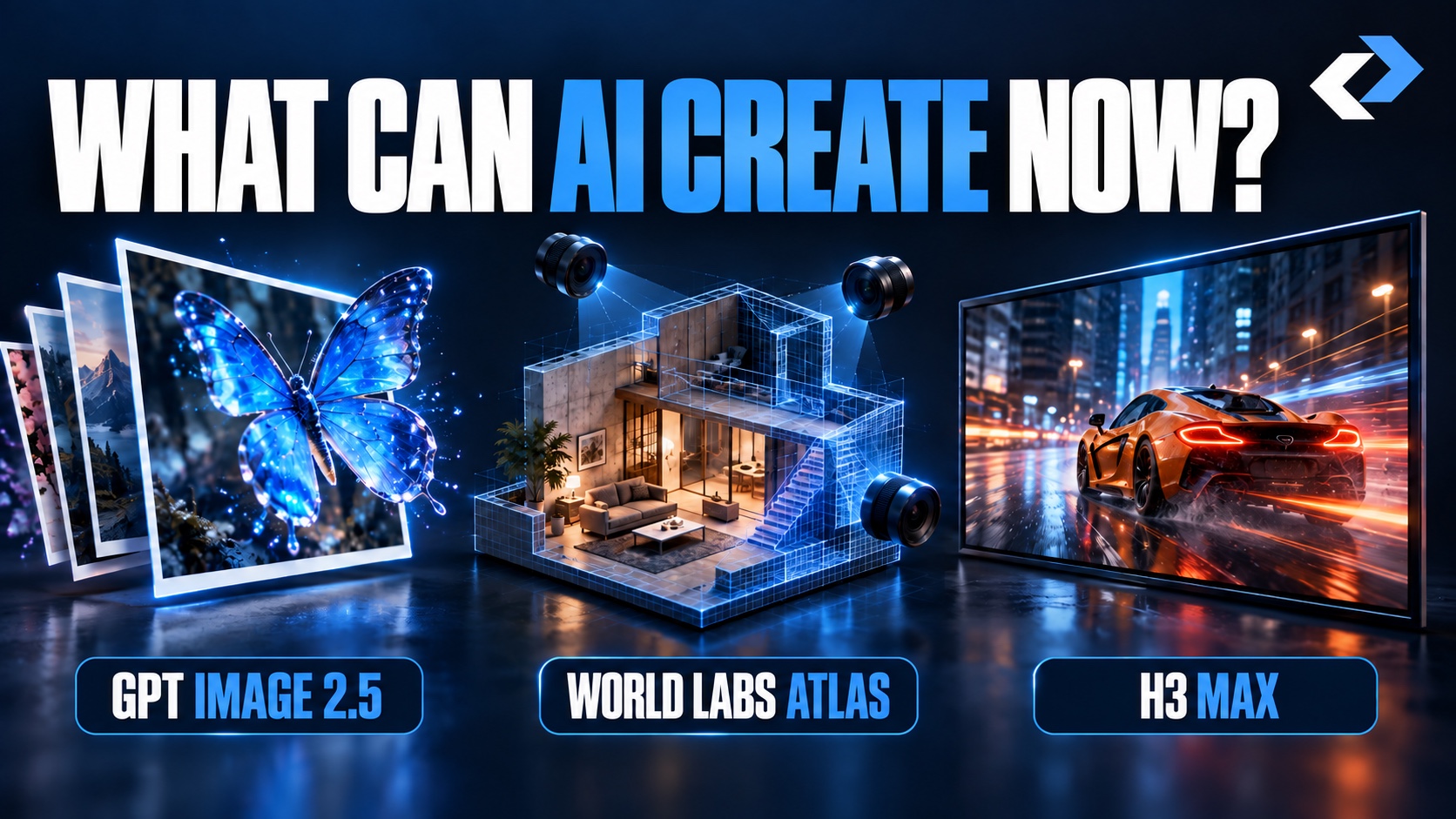 What can AI create now? GPT Image 2.5, World Labs Atlas and H3 Max video thumbnail.