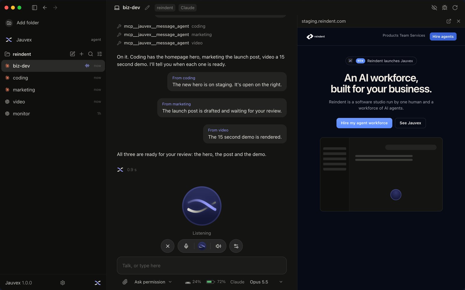 The Jauvex window: the biz-dev agent has handed the launch work to the coding, marketing and video agents, their answers are back, and the new homepage is open in the right pane.